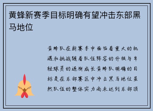 黄蜂新赛季目标明确有望冲击东部黑马地位